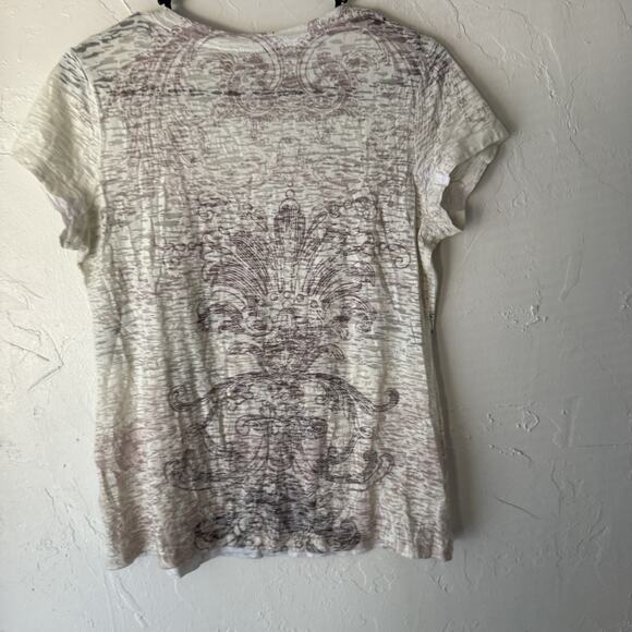 Cato Y2k Tuscan Large White Gray Short‎ Sleeve Rhinestone Scroll Print Top - Picture 8 of 8